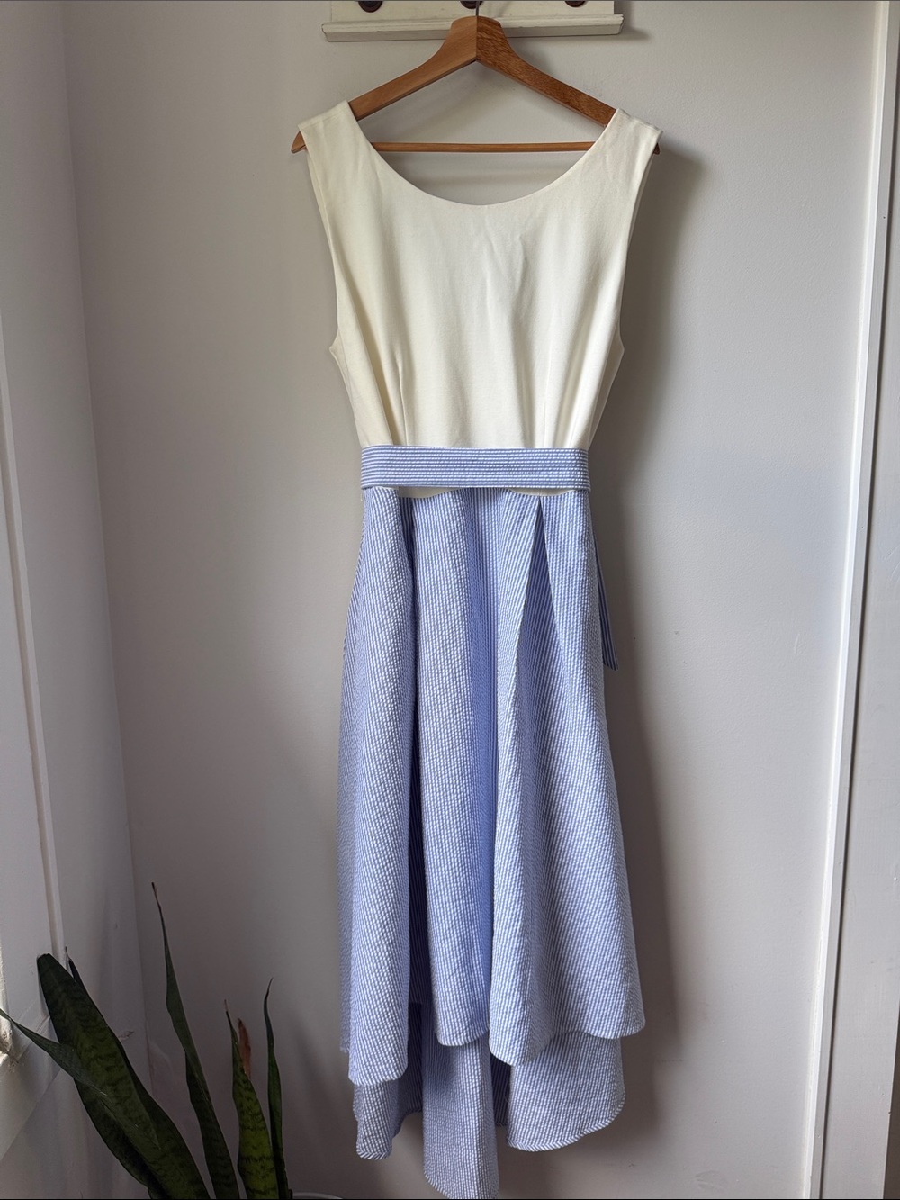 Hutch Ivory Bodice with Light Blue Textured High-Low Dress